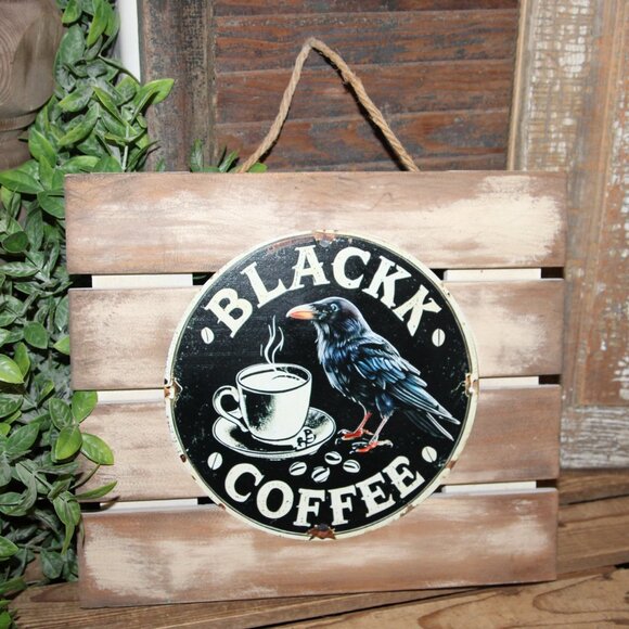 NEW Black Bird Raven Crow Black Coffee Rustic Farmhouse Kitchen Wall Decor Sign - Picture 4 of 4